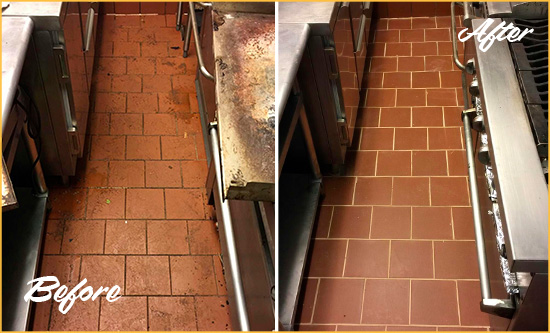 Before and After Picture of a Chelmsford Hard Surface Restoration Service on a Restaurant Kitchen Floor to Eliminate Soil and Grease Build-Up