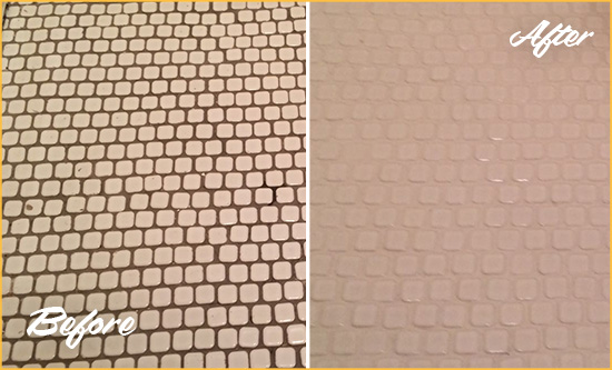 Before and After Picture of a Stow Hard Surface Restoration Service on a Bathroom Tile Floor Recolored to Fix Grout Color