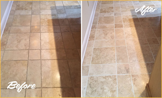 Before and After Picture of Bolton Kitchen Floor Grout Cleaned to Recover Its Color