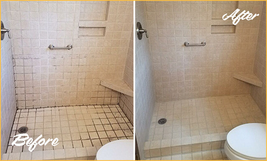 Before and After Picture of a Nonantum Shower Grout Cleaned to Remove Mold