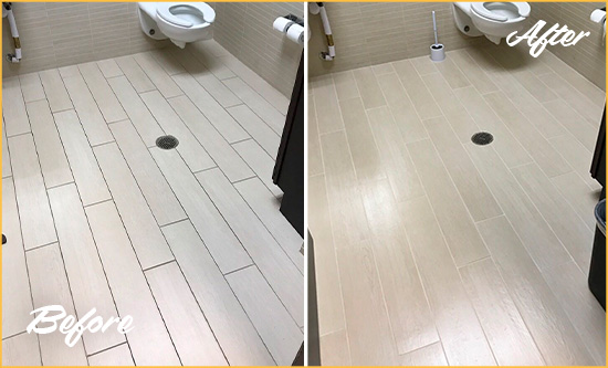 Before and After Picture of a Needham Office Restroom's Grout Cleaned to Remove Dirt