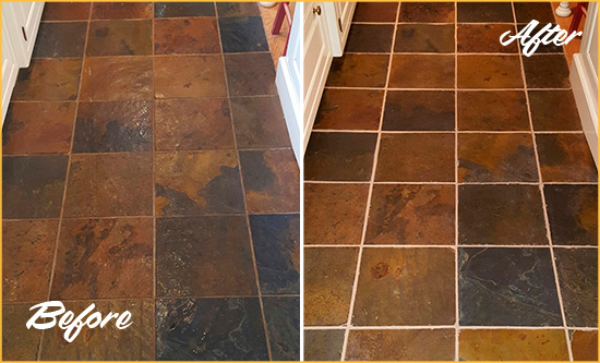 Before and After Picture of Lynnfield Slate Floor Grout Cleaned to Remove Dirt