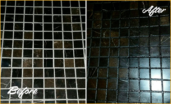 Before and After Picture of a Framingham Black Floor with Recolored Grout