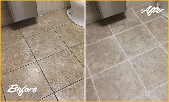 Before and After Picture of a West Groton Office Restroom Floor Recolored Grout
