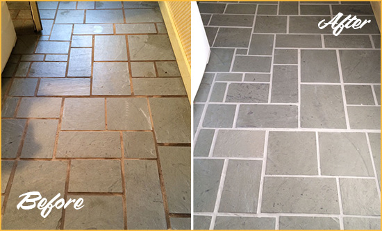 Before and After Picture of Damaged Lynnfield Slate Floor with Sealed Grout