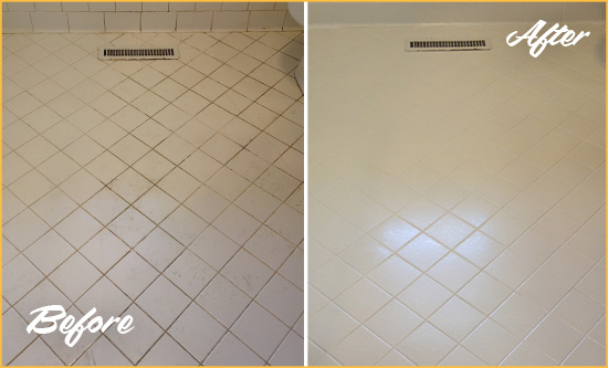 Before and After Picture of a Hanscom Afb White Bathroom Floor Grout Sealed for Extra Protection
