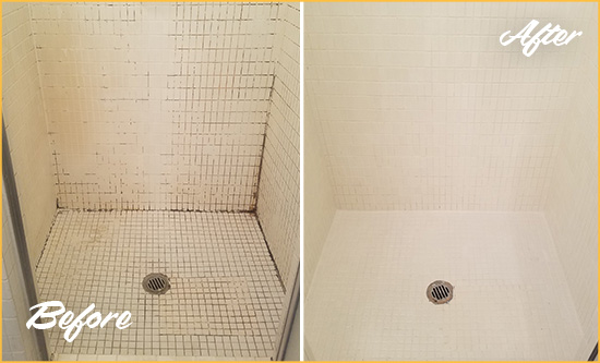 Before and After Picture of a Hanscom Afb Bathroom Grout Sealed to Remove Mold