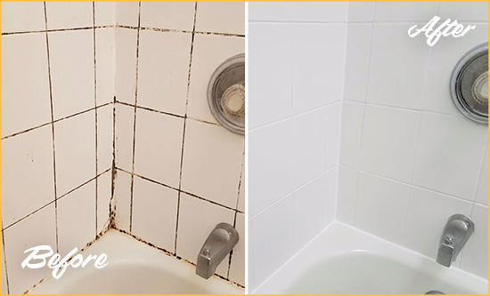 Before and After Picture of a Hanscom Afb Tub with Sealed Grout to Eliminate Mold