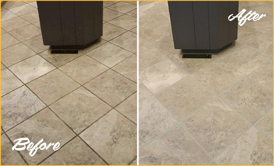 Before and After Picture of a Newton Lower Falls Kitchen Floor Grout Sealed to Remove Stains
