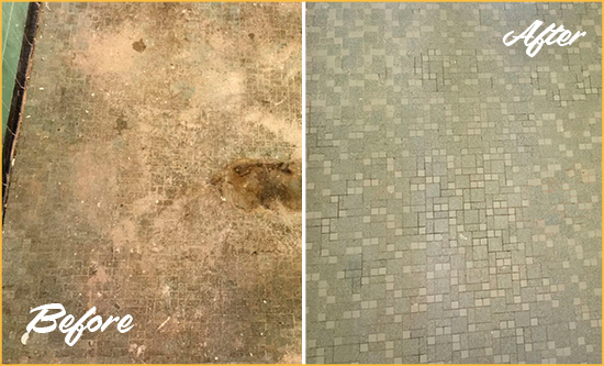 Before and After Picture of a Waltham Mosaic Shower Cleaned to Eliminate Embedded Dirt