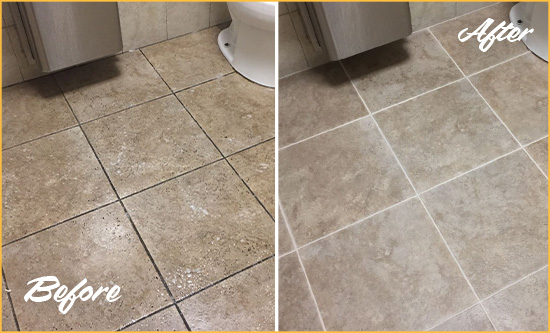 Before and After Picture of a Waltham Restroom Floor Cleaned to Eliminate Dirt