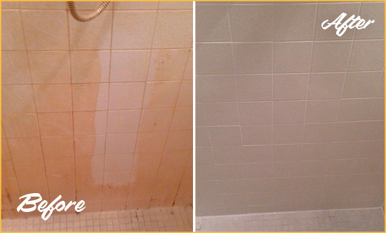 Before and After Picture of a Waban Porcelaine Shower Cleaned to Remove Soap Scum