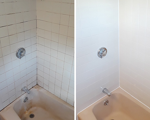 Before and after Picture of This Shower after a Grout Cleaning Service in Watertown, MA