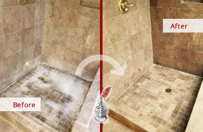 Before and After Picture of a Stone Shower Floor Maintenance Service