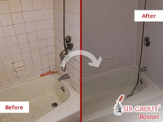 Before and after Picture of a Bathroom in Boston, Massachusetts after Our Grout Cleaning Service