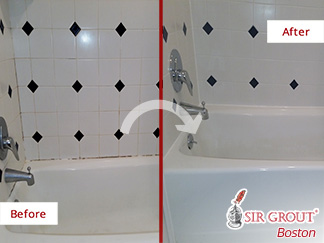 Before and after Picture of Our Grout Cleaning Services for a Rental Property in Wellesley, MA