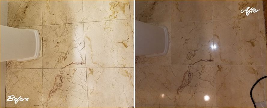 Before and after Picture of This Bathroom Floor after a Stone Honing Service in Boston, MA