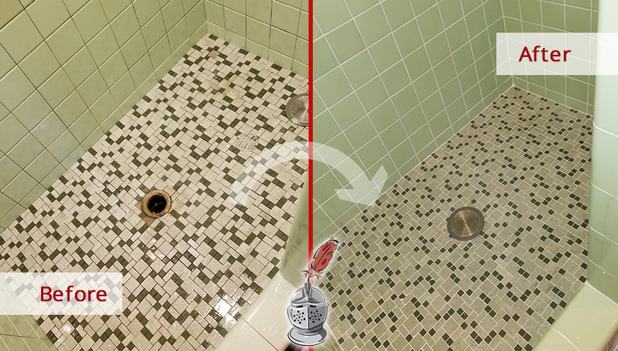 Before and after Picture of This Bathroom after a Grout Sealing Service in Boston, Massachusetts