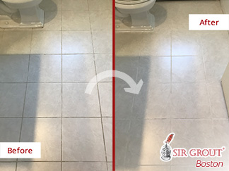 Before and After Picture of a Bathroom Grout Cleaning in Winchester, MA