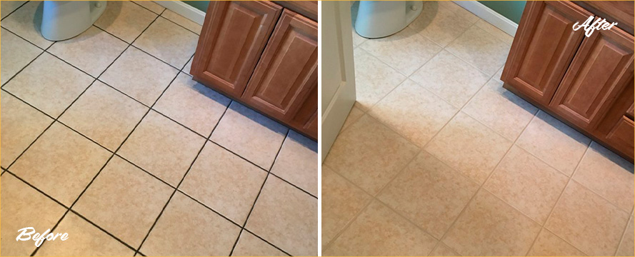 Bathroom Floor Before and After a Grout Sealing Process in Boston, MA