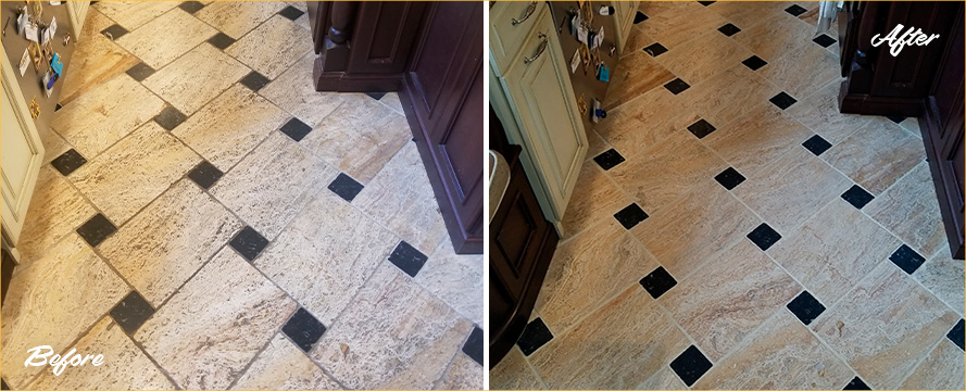Kitchen Floor Before and After a Stone Cleaning Service in Sudbury, MA