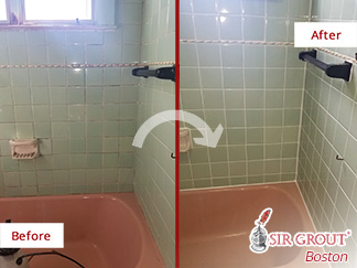 Before and After Picture of a Grout Cleaning Job in Belmont, MA