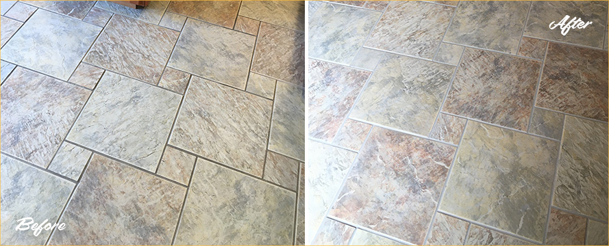 Floor Before and After of a Grout Sealing in Boston, MA