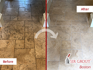 Before and After Picture of a Travertine Stone Sealing in Needham, MA