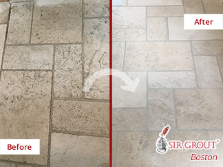 Before and After Cleaning Travertine Mudroom Floor in Sherborn, MA