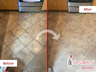 Before and After Kitchen Floor Grout Sealing and Color Seal in Cambridge, MA