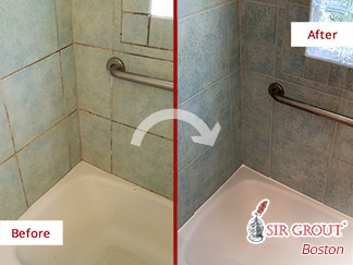 Image of a Shower Before and After a Grout Sealing in Sharon, MA