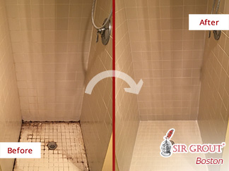 Before and After Image of a Shower After a Tile Cleaning in Dover, MA