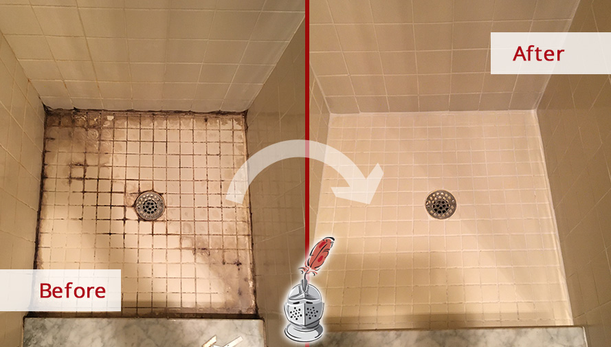 Before and After Image of a Shower Floor After a Professional Tile Cleaning in Dover, MA