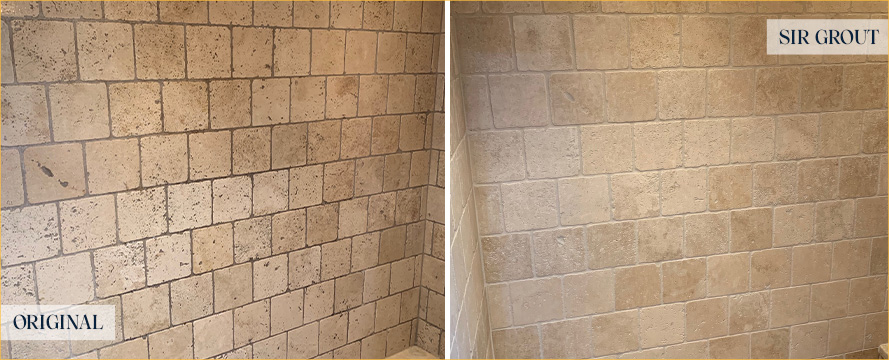 Marble Shower Before and After Grout Sealing in Boston, MA