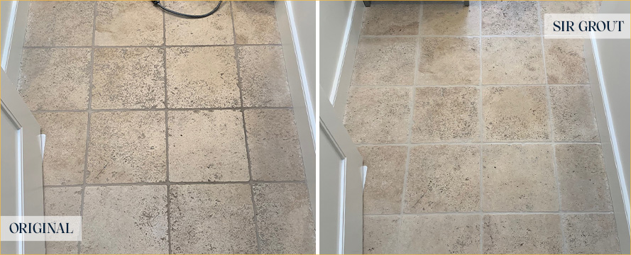 Tumbled Marble Shower Before and After Grout Sealing in Boston, MA