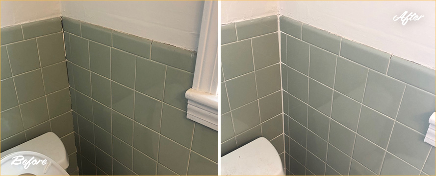 Bathroom Walls Before and After Our Grout Cleaning in Newton Center, MA
