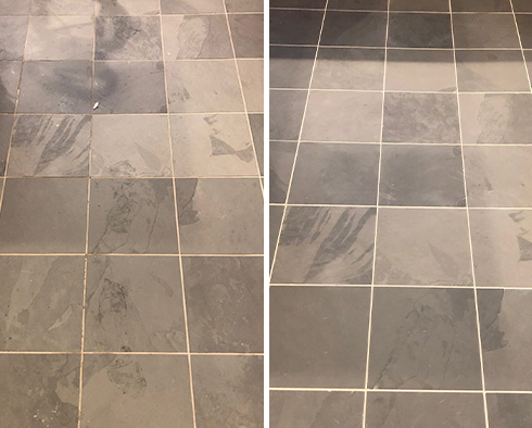 Slate Floor Before and After a Grout Sealing in Newton Highlands
