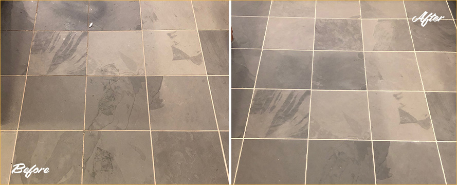 Slate Floor Before and After a Grout Sealing in Newton Highlands