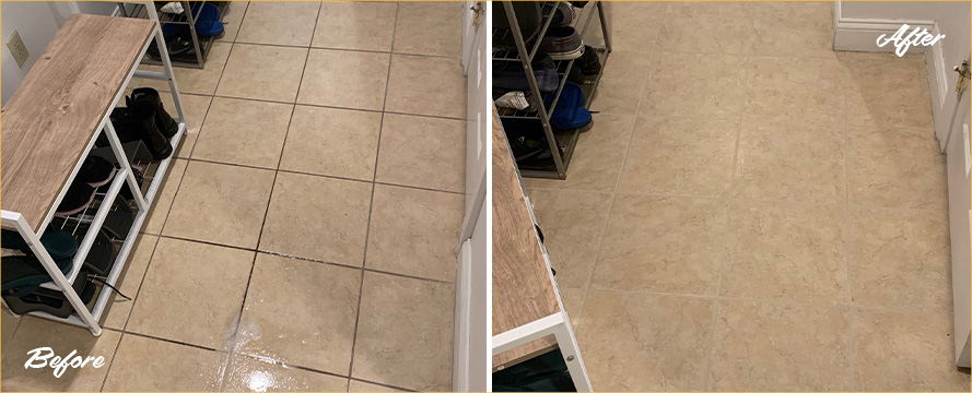 Hallway Floor Before and After a Service from Our Tile and Grout Cleaners in Boston