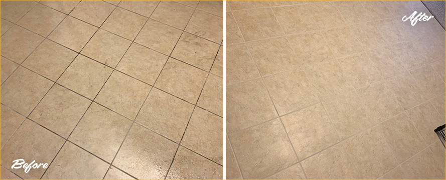 Kitchen Floor Before and After a Service from Our Tile and Grout Cleaners in Boston