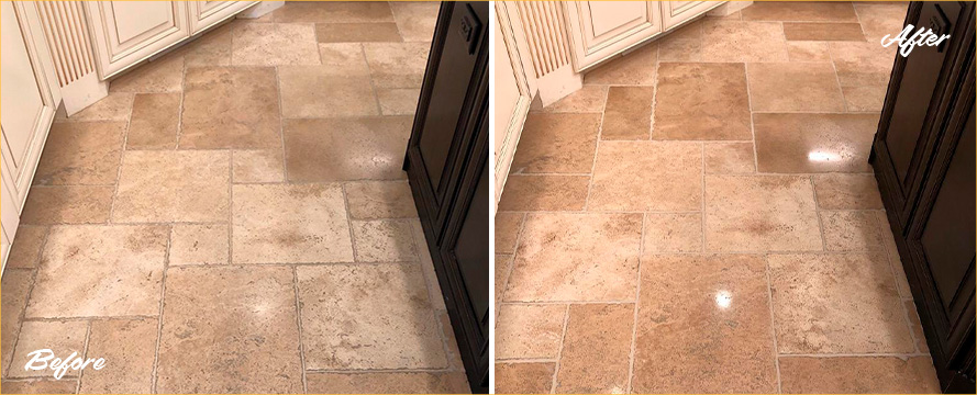 Travertine Floor Before and After Our Professional Hard Surface Restoration Services in Westwood, MA