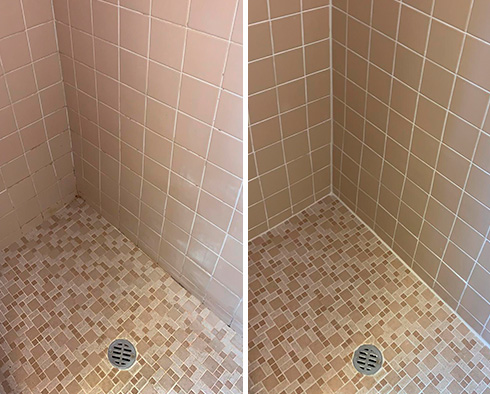 Shower Before and After Our Caulking Services in Arlington, MA