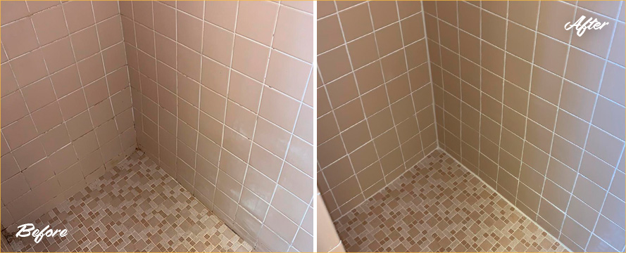 Shower Before and After Our Caulking Services in Arlington, MA