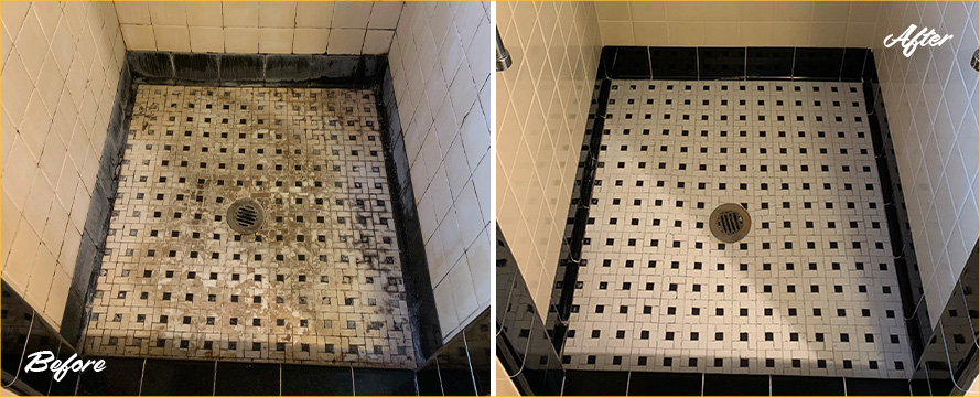 Shower Floor Before and After a Service from Our Tile and Grout Cleaners in Hyde Park