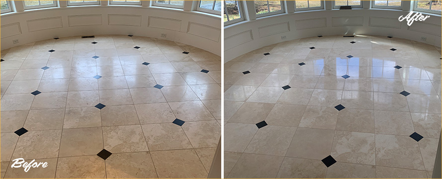 Living Room Floor Before and After a Stone Polishing in Dover