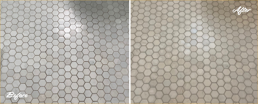 Bathroom Floor Before and After a Superb Grout Sealing in Auburndale, MA