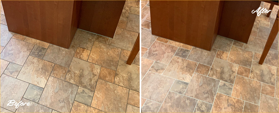 Kitchen Floor Before and After a Superb Grout Sealing in Auburndale, MA