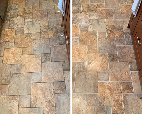 Floor Before and After a Grout Sealing in Auburndale, MA