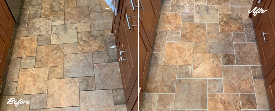 Kitchen Floor Before and After a Grout Sealing in Auburndale, MA