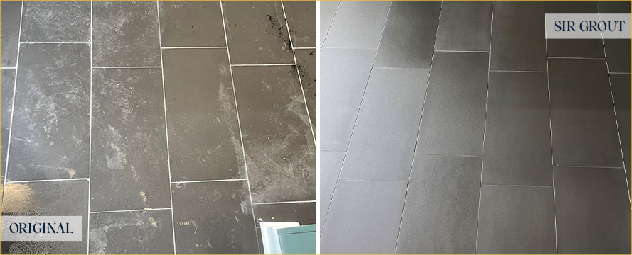 Slate Tile Floor Before and After Our Hard Surface Restoration Services in Hingham